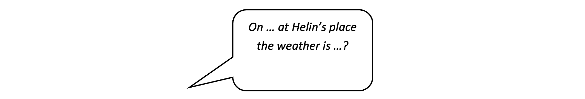Sprechblase mit dem Inhalt: On … at Helin’s place the weather is …?