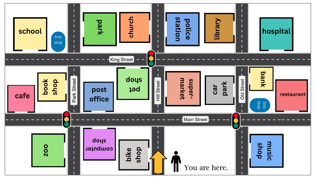 Karte, auf der die Wegbeschreibung mit einer Legofigur nachverfolgt wird.