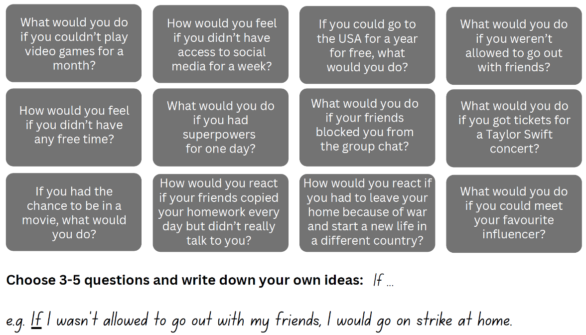 Zwölf Fragen und ein Beispiel, wie die Antwort mit If-Clauses formuliert wird.