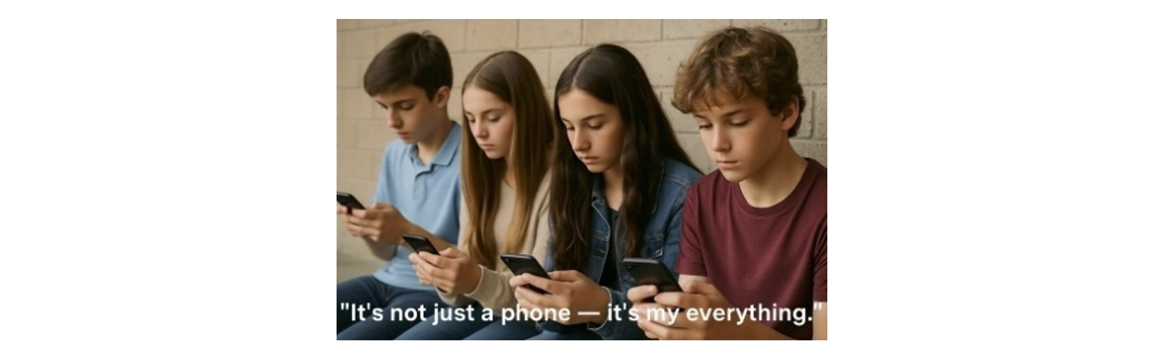 Vier Teenager sitzen nebeneinander und starren gebannt auf ihre Smartphones. Bildtitel: It's not just a phone - it's my everything.