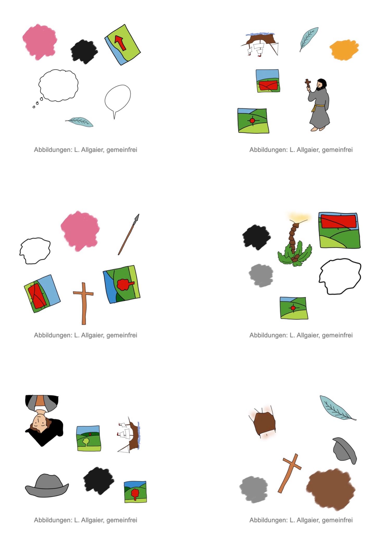 Die Abbildung zeigt sechs Spielkarten mit jeweils sechs Symbolen.
Auf der Karte oben links sind folgende Symbole zu sehen: rosa Farbklecks, schwarzer Farbklecks, Pfeil nach rechts, Sprechblase, Gedankenblase, Feder.
Auf der Karte oben rechts sind folgende Symbole zu sehen: Karavelle, Feder, orangener Farbklecks, Priester, Landschaftsbild mit Markierung der unteren Hälfte, Landschaftsbild mit Markierung der Bildmitte.
Auf der Karte in der Mitte links sind folgende Symbole zu sehen: rosa Farbklecks, weißer Farbklecks, Lanze, Landschaftsbild mit Markierung der unteren Hälfte, Landschaftsbild mit rot markiertem Baum im Vordergrund, Kreuz.
Auf der Karte in der Mitte rechts sind folgende Symbole zu sehen: schwarzer Farbklecks, grauer Farbklecks, weißer Farbklecks, Landschaftsbild mit Markierung der oberen Hälfte, Landschaftsbild mit Markierung der Bildmitte.
Auf der Karte unten links sind folgende Symbole zu sehen: Karavelle, Kolumbus, schwarzer Farbklecks, Hut, Landschaftsbild mit rot markiertem Baum im Hintergrund, Landschaftsbild mit rot markiertem Baum im Vordergrund.
Auf der Karte unten rechts sind folgende Symbole zu sehen: Lendenschurz, Feder, brauner Farbklecks, grauer Farbklecks, Kreuz, Hut.