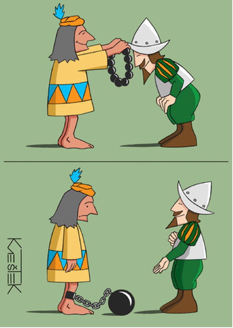 Die Karikatur mit einfarbig grünem Hintergrund ist in zwei Bilder (oben und unten) aufgeteilt. Auf dem oberen Bild übergibt eine indigene Person, die mit gelbem Gewand mit orange-blauem Muster, langem grauen Haar und blauem Federschmuck dargestellt ist, eine Halskette aus schwarzen Perlen an einen Soldaten mit grünem Gewand, grauer Rüstung und grauem Hut. Auf dem unteren Bild sind beide Personen erneut dargestellt und der Soldat zeigt mit zufriedenem Gesichtsausdruck auf eine Bombe, die mit einer Kette am Bein der indigenen Person festgemacht ist.