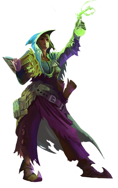 Bild der Fantasiefigur einer Alchimistin. Sie hält in der rechten Hand ein aufgeschlagenes Buch und reckt in der linken Hand einen Glaskolben mit magisch-grüner Flüssigkeit empor. Durch die Bewegnung schwappt Flüssigkeit aus dem Kolben heraus.