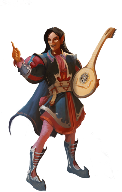 Bild der Fantasiefigur eines Barden. In der linken Hand hält er ein lautenähnliches Instrument am Korpus, so dass der Hals mit dem Griffbrett nach oben von ihm wegzeigt. Seine rechte Hand regt sich mit ausgestrecktem Zeigefinger nach oben. Er scheint etwas zu erklären oder zu postulieren.