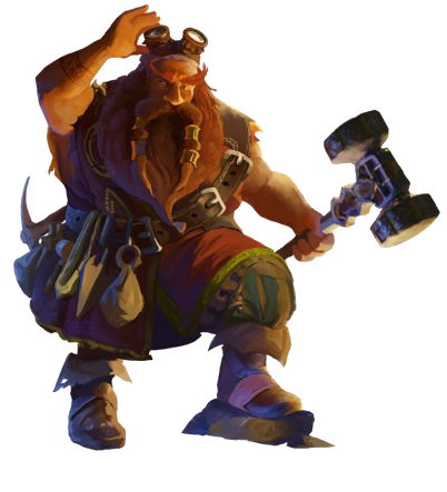 Bild der Fantasiefigur eines Zwergen. In der rechten Hand hält er einen gewaltigen, doppelköpfigen Zwergenhammer. Mit seiner linken Hand greift er zu etwas, dass er wie ein Schutzbrille hochgespannt auf der Stirn trägt. Er hat eine gewaltigen, zu zwei Zöpfen gebundenen Bart und buschige Augsbrauen.