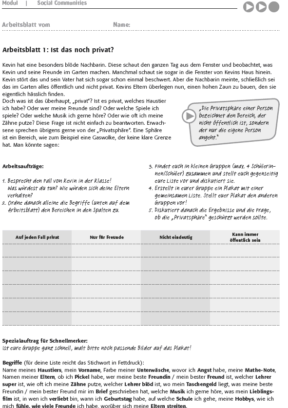 Arbeitsblatt 1: Ist das noch privat?