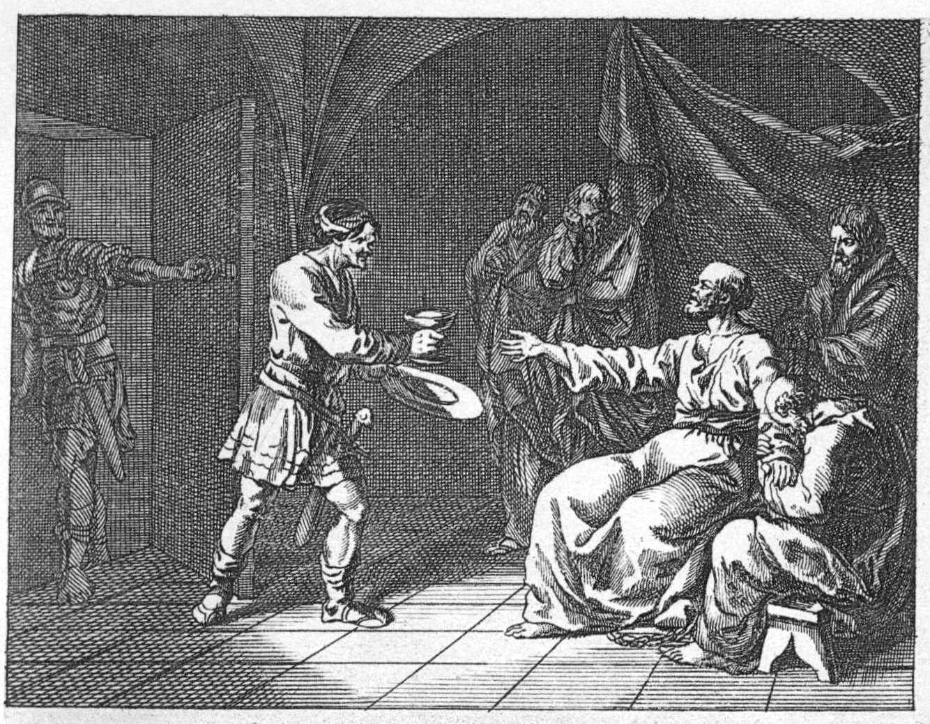 Eine historische Schwarz-Weiß-Zeichnung zeigt eine Szene in einem Innenraum. Ein Mann in der Mitte reicht dem sitzenden Philosophen Sokrates einen Giftbecher. Im Hintergrund sind drei weitere Personen zu sehen, die das Geschehen beobachten. Links im Bild steht ein bewaffneter Soldat in einer Türöffnung.