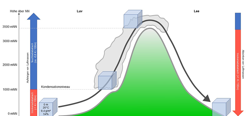Das Bild zeigt ein Schaubild, das den Anstieg und Abstieg von Luftmassen über ein Gebirge darstellt. Links ist ein blaue Aufwärtspfeil mit der Beschriftung Aufsteigen von Luftmassen (trockenadiabatisch ca. 1 K/100m) zu sehen. Rechts ist ein roter Abwärtspfeil mit der Beschriftung Absinken von Luftmassen (trockenadiabatisch 1 K/100m) abgebildet. Die Grafik ist in zwei Bereiche unterteilt: Luv (links) und Lee (rechts). In der Mitte befindet sich ein Berg. Die Luft steigt auf der Luv-Seite auf, kühlt sich ab und erreicht das Kondensationsniveau, wo Wolkenbildung angezeigt wird. Auf der Lee-Seite sinkt die Luft wieder ab und erwärmt sich. Es sind verschiedene Höhenstufen in Metern über Normalnull (NN) markiert: 0 m, 1000 m, 2000 m, 3000 m, und 3500 m. Unten links sind Temperatur, Luftfeuchtigkeit und spezifische Feuchtigkeit auf Meereshöhe angegeben: 20°C, 9.4 g/m³, 54%.