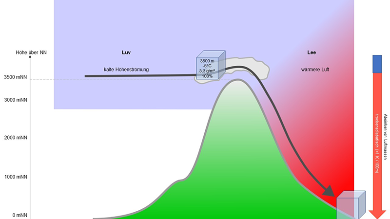 Das Bild zeigt ein Schaubild, das den Luftfluss über ein Gebirge darstellt. Auf der linken Seite ist die Luv-Seite mit einer kalten Höhenströmung gekennzeichnet. Die Luft steigt auf, kühlt sich ab und erreicht eine Höhe von 3500 m über Normalnull (NN), wo die Temperatur -5°C beträgt und die spezifische Feuchtigkeit 3,3 g/m³ bei 100% relativer Luftfeuchtigkeit erreicht. Auf der rechten Seite, der Lee-Seite, befindet sich wärmere Luft. Ein roter Pfeil zeigt den Abstieg der Luftmassen an, beschrieben als Absinken von Luftmassen, trockenadiabatisch (+1 K/100m). Die Höhen sind in Metern über NN angegeben: 0 m, 1000 m, 2000 m, 3000 m, und 3500 m. Der Hintergrund ist links blau und rechts rot, was die Temperaturunterschiede zwischen Luv und Lee verdeutlicht.