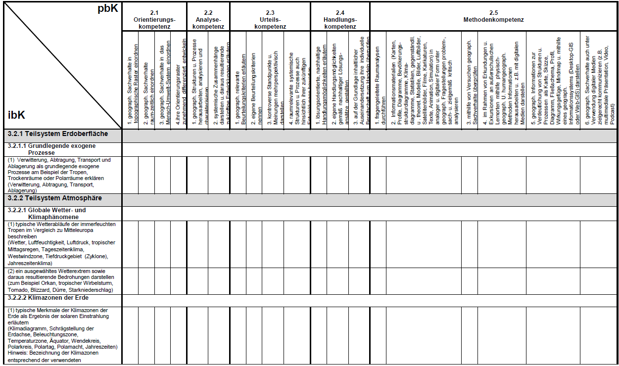 Matrix der inhaltsbezogenen und prozessbezogenen Kompetenzen