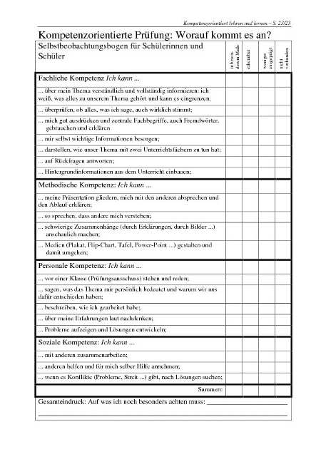 Selbstbeobachtungsbogen für Schülerinnen und Schüler