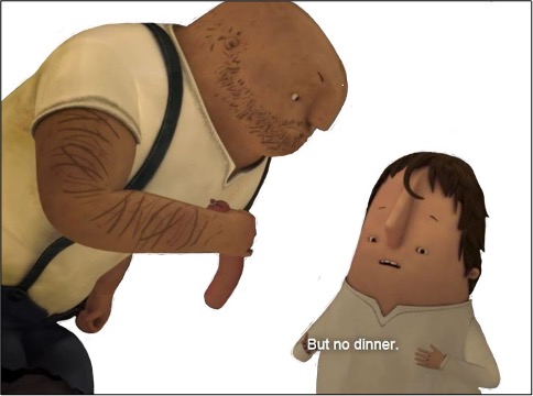 Das Bild zeigt, wie Eriks Vater streng zu seinem Sohn Eryk spricht. Dabei beugt sich sein Vater zu ihm herunter und spricht von oben herab. Erik sieht verunsichert aus. Auf dem Körper von Erik ist der Schriftzug „But no Dinner“ zu lesen.