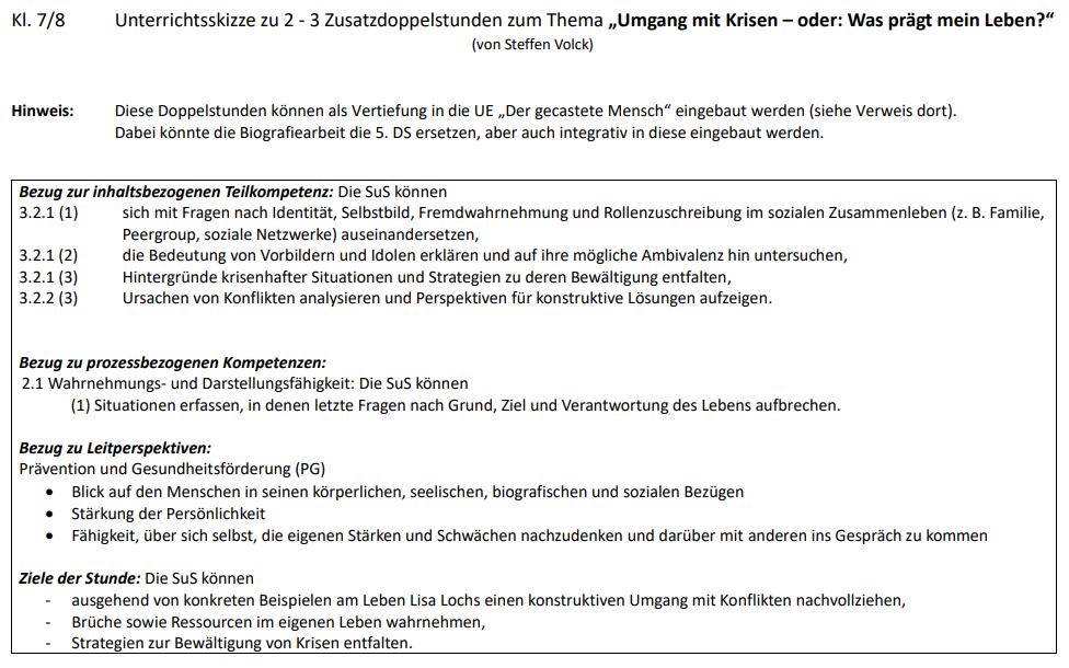 Unterrichtsskizze zu Umgang mit Krisen