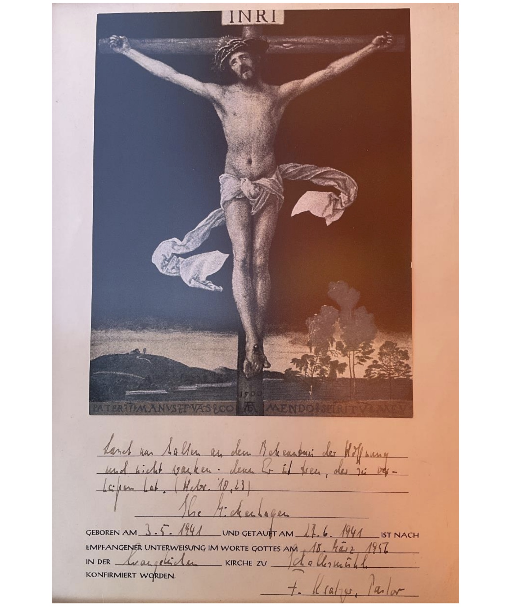 Konfirmationsurkunde aus dem Jahr 1956 mit Bild des Gekreuzigten und Konfirmationsspruch