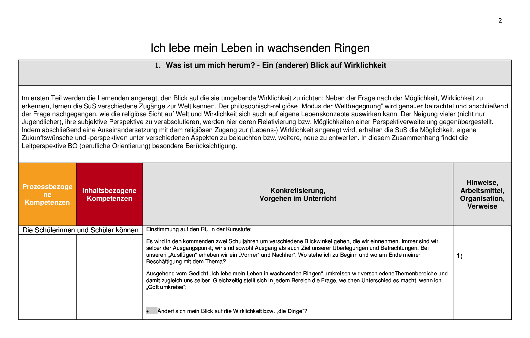 Beispielcurriculum 1 im Basisfach, Seite 2