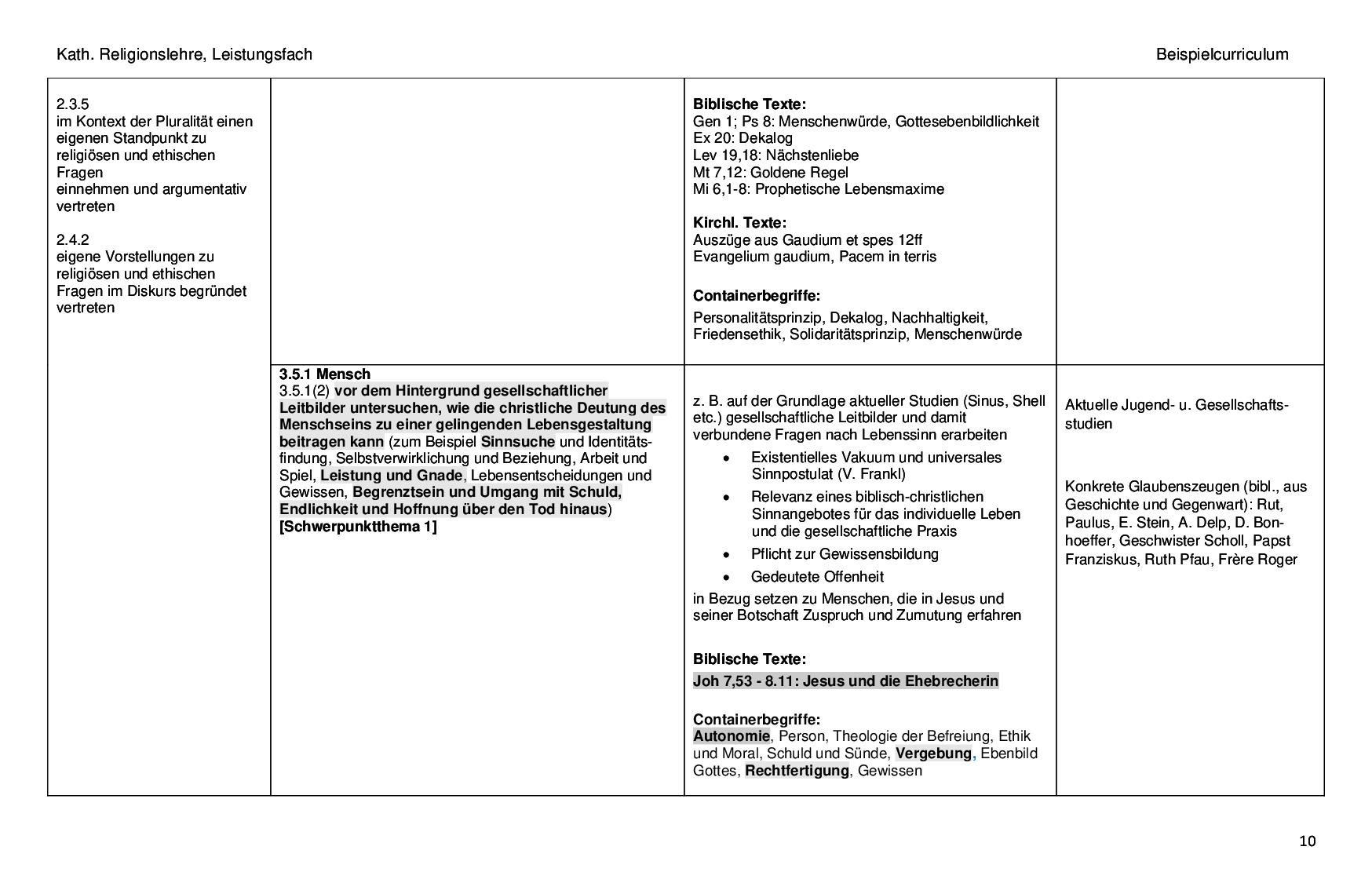 Beispielcurriculum 1 im Leistungsfach, Seite 10