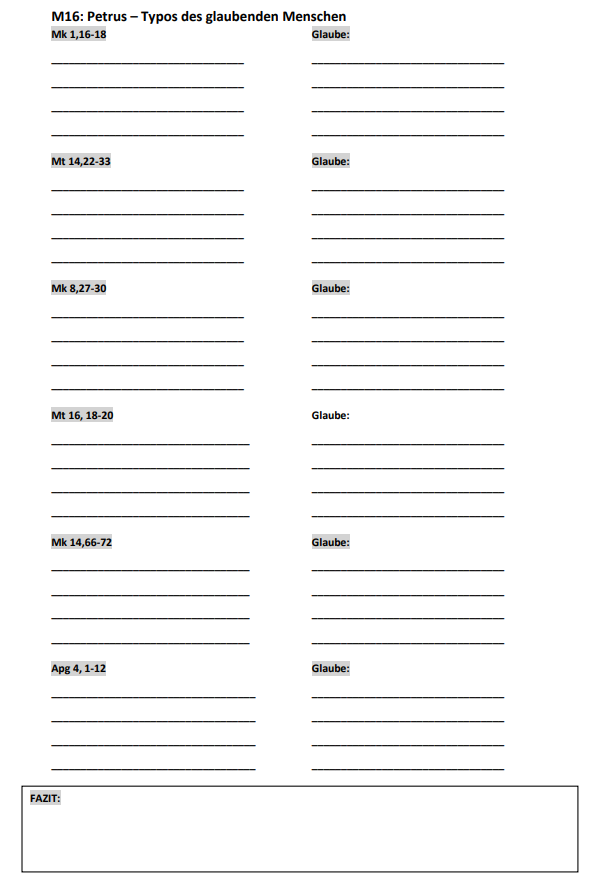 Vorschau Seite_1 des PDF-Dokuments im Download: Arbeitsblatt M16: Petrus – Typos des glaubenden Menschen