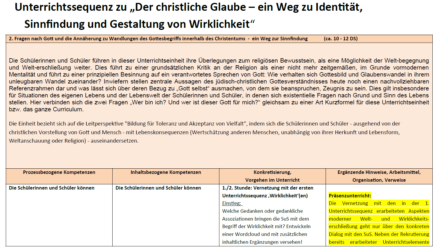 Vorschau Seite_1 des Dokuments im Download: Unterrichtssequez zu 'Der christliche Glaube - ein Weg zu Identität, Sinnfindung und Gestaltung von Wirklichkeit'