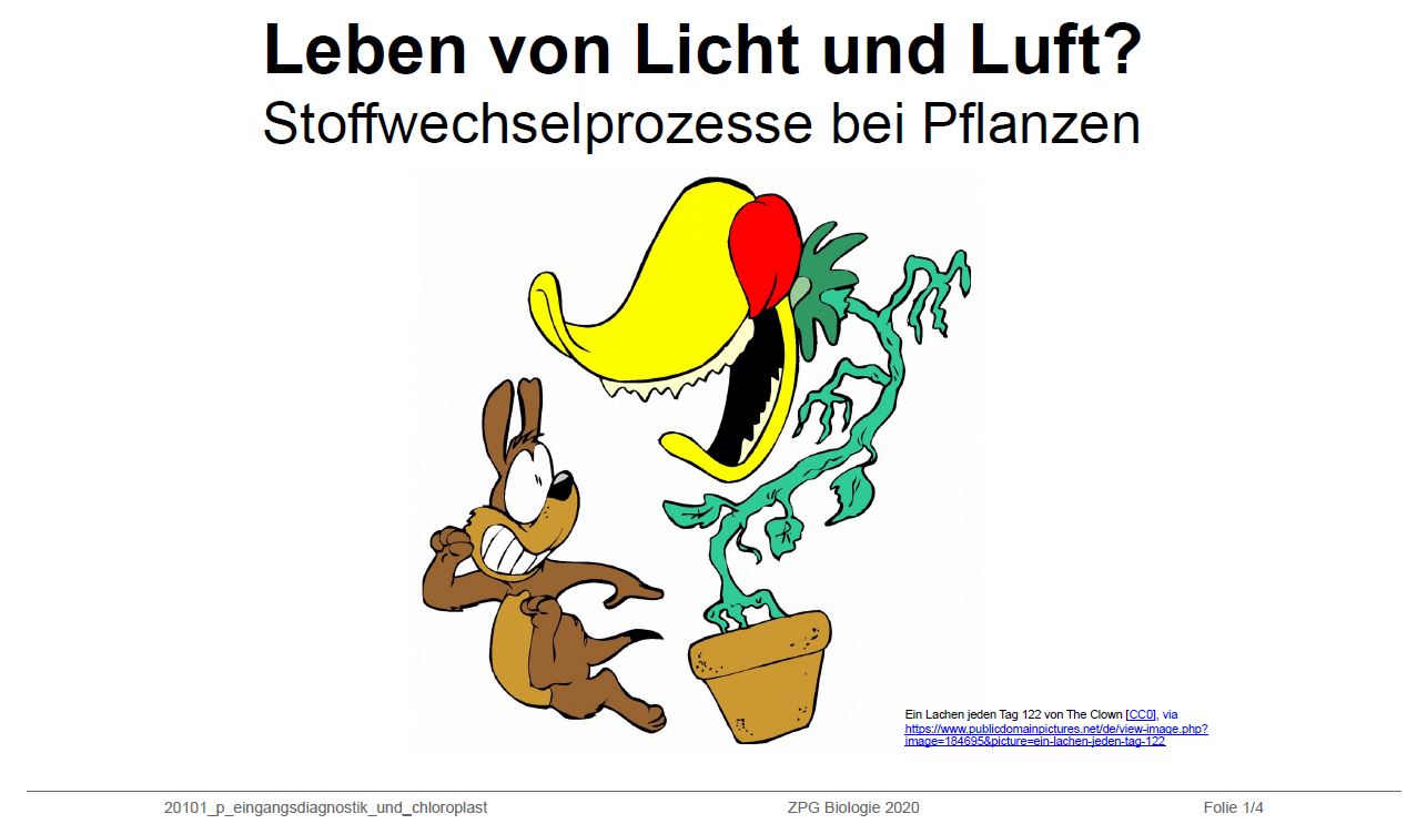 1. Folie der Präsentation 'Leben von Licht und Luft': Comiczeichnung: Ein Hund rennt in Panik vor einer fleischfressenden Pflanze davon.