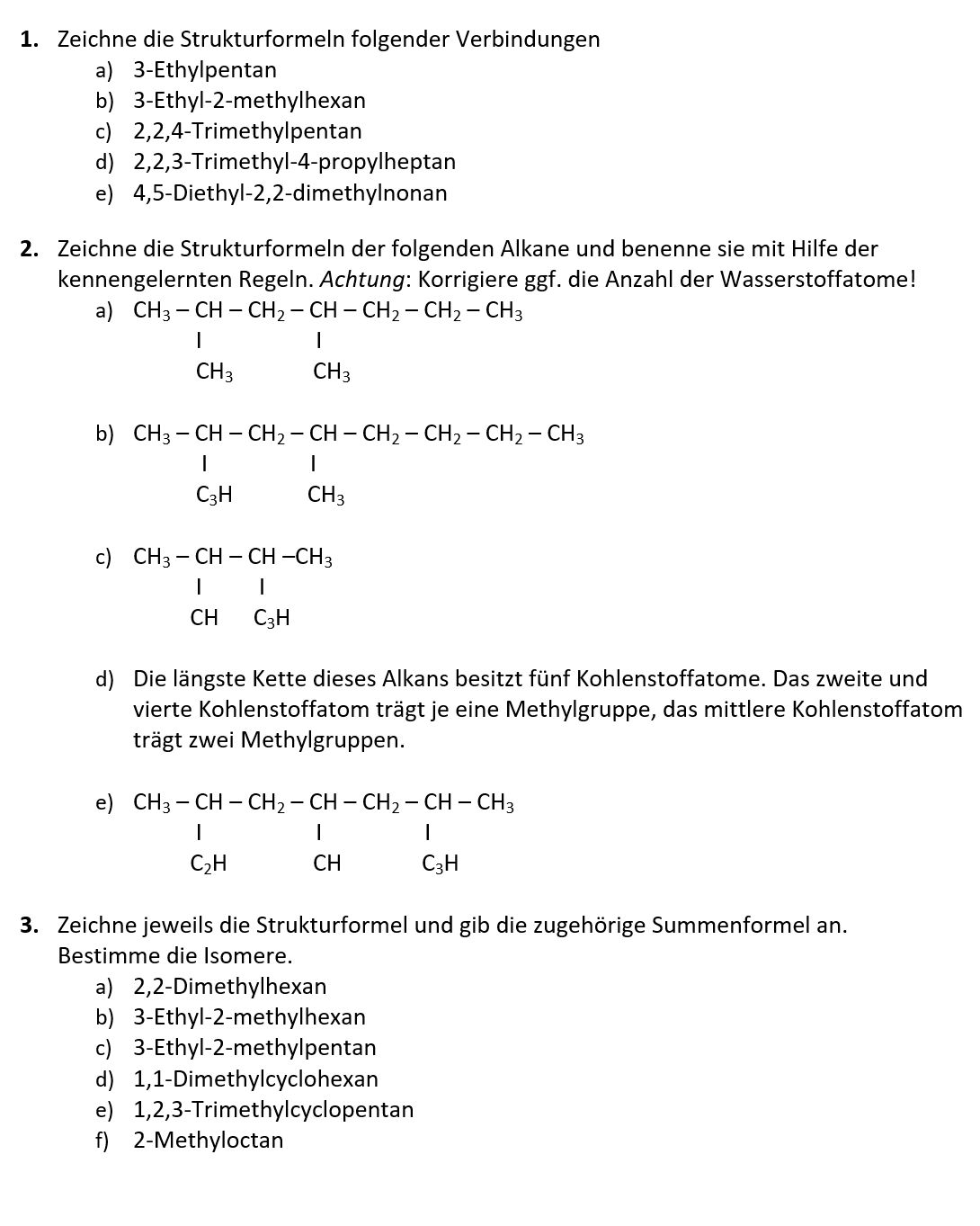 Strukturformeln von Alkanen