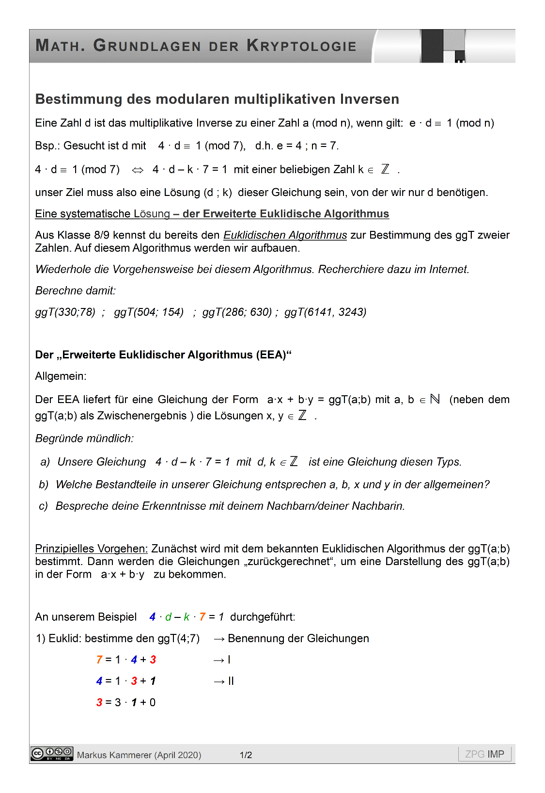 Erweiterter Euklidischer Algorithmus, Seite 1