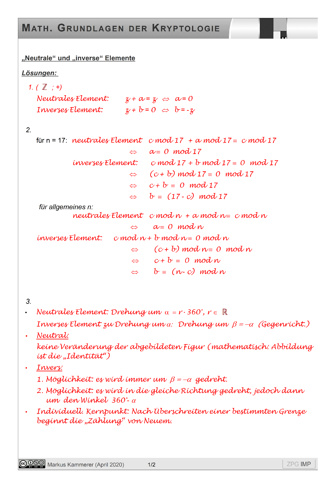 Neutrale und inverse Elemente: Lösung, Seite 1