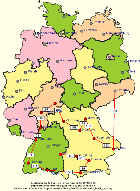 Greedy-Algorithmus beim Problem des Handlungsreisenden, Start in Ulm, Zwischenstand nach 15 Schritten