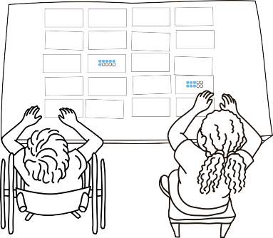 Zeichnung Vogelperspektive: zwei Kinder sitzen an einem Tisch, vor ihnen liegen zahlreiche Punktebilder, sie tüfteln an den Rechenoperationen