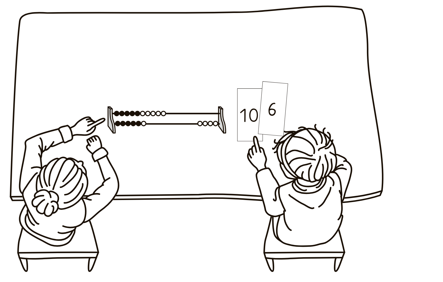 Abbildung zwei Kinder sitzen an einem Tisch mit Rechenschieber