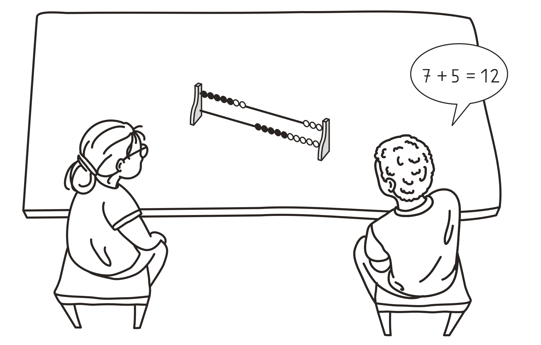 Kinder an einem Tisch mit Rechenrahmen