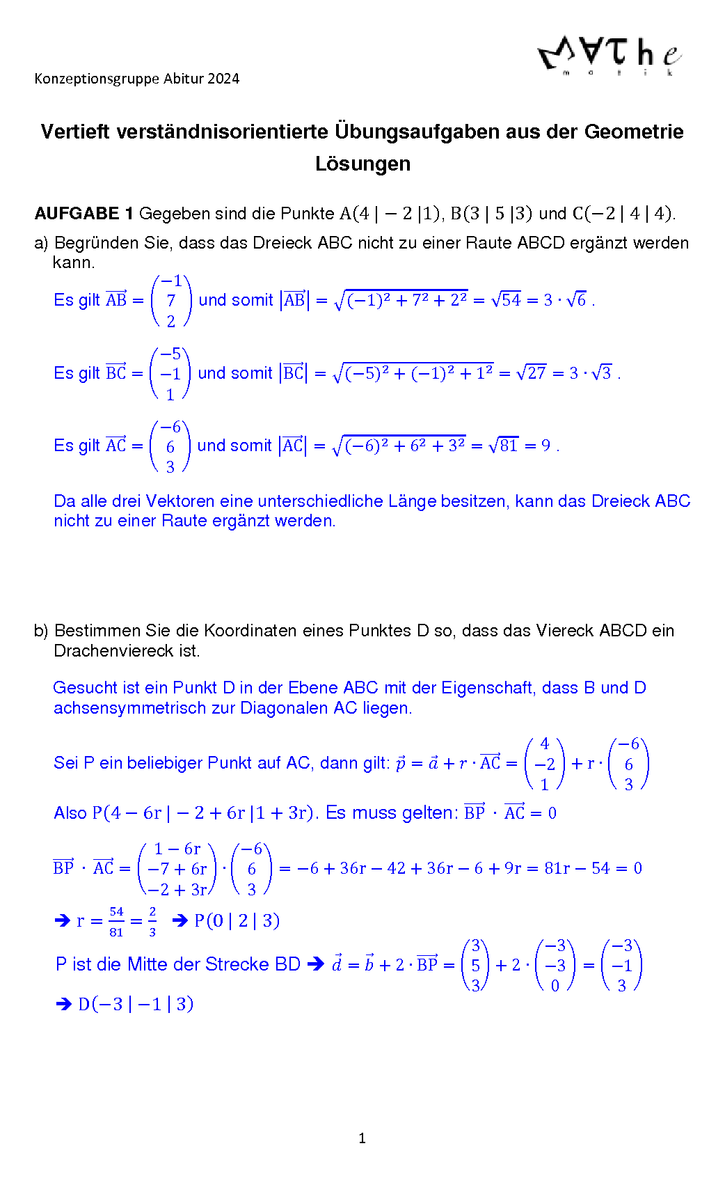 Beispiele für Übungsaufgaben in Geometrie: Lösungen, Seite 1