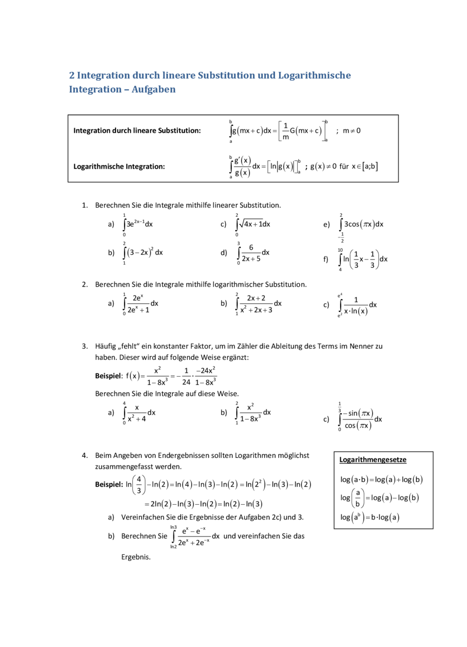 Lineare Substitution und Logarithmische Integration, Seite 2