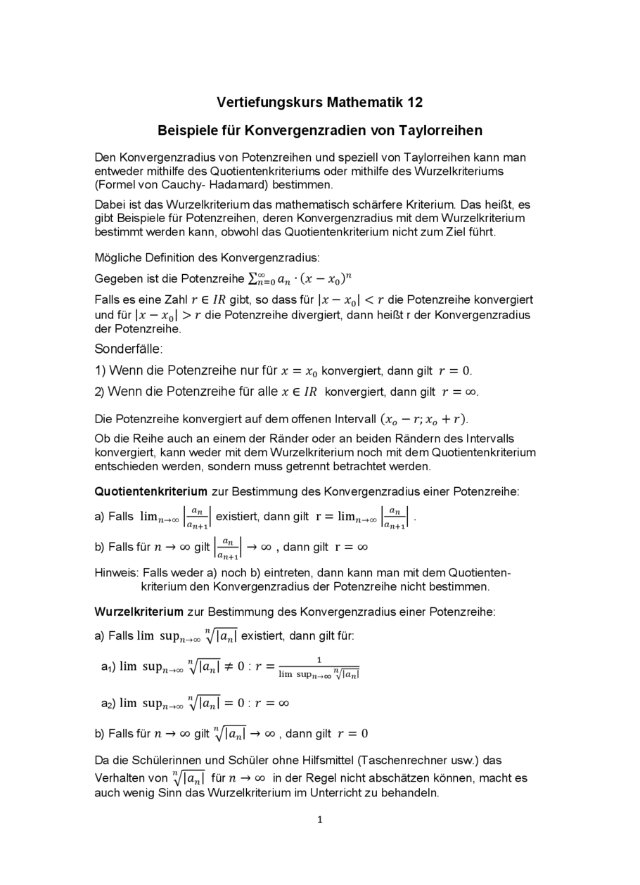Beispiele für Konvergenzradien von Taylorreihen, Seite 1