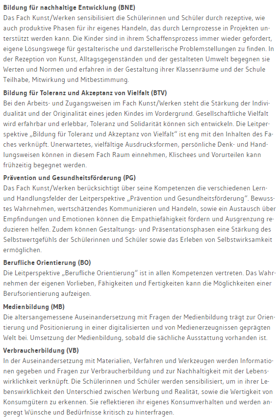 Leitperspektiven Grundschule Kunst/Werken