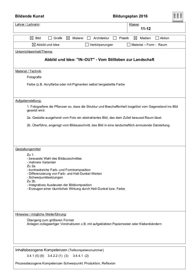 Formular IN–OUT - Vom Stillleben zur Landschaft Seite eins