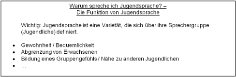 Tafelanschrieb zum Thema: Warum spreche ich Jugendsprache