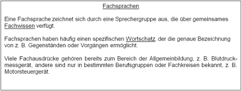 Tafelanschrieb 1 zu Fachsprache