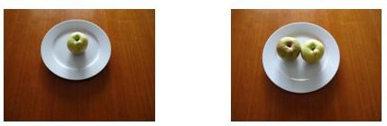 Bild links: ein Apfel, Bild rechts: zwei Äpfel