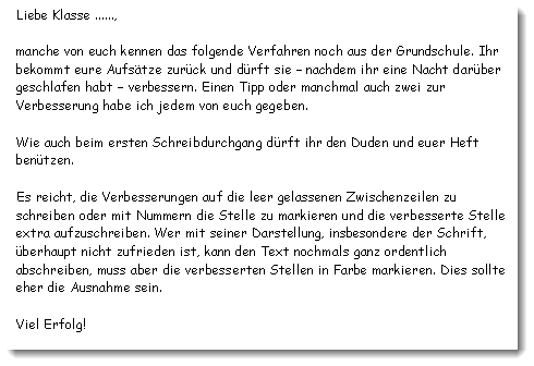 Formular "Hinweise für die Klasse"