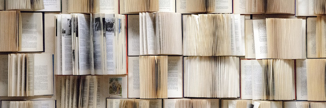 Ein Raster an geöffneten Büchern, im linken Bereich sticht ein Buch optisch hervor