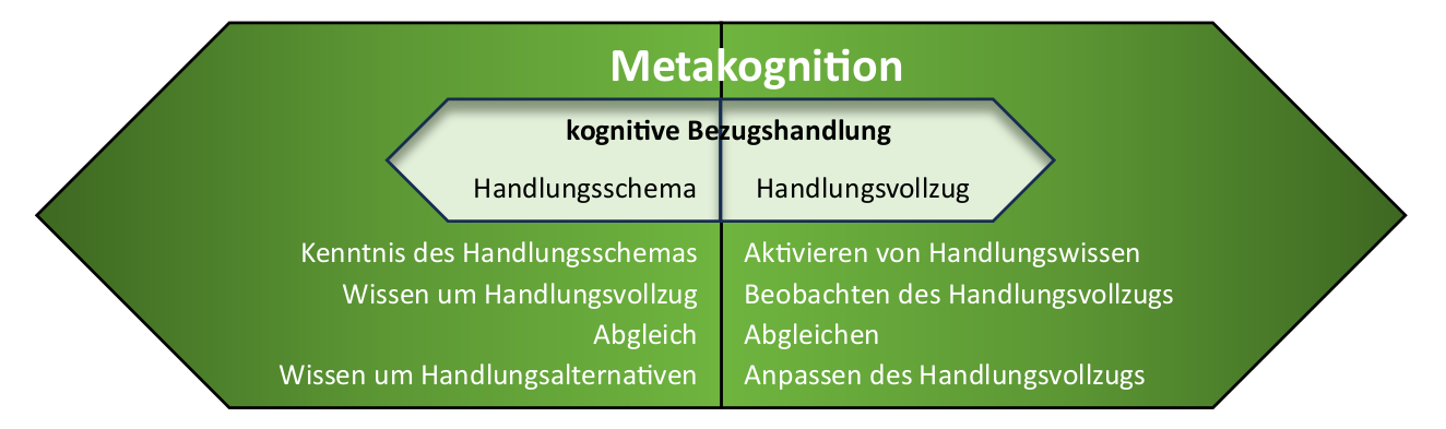 Schaubild Metakognition: Handlungsschema und Handlungsvollzug der Bezugshandlung; Handlungsschema der Metakognition: Kenntnis des Handlungsschemas, Wissen um Handlungsvollzug, Abgleich
Wissen um Handlungsalternativen; Handlungsvollzug der Metakognition: Aktivieren von Handlungswissen, Beobachten des Handlungsvollzugs, Abgleichen, Anpassen des Handlungsvollzugs)