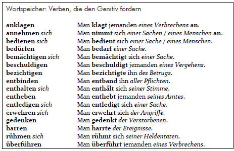 Wortspeicher mit Verben, die den Genitiv erfordern