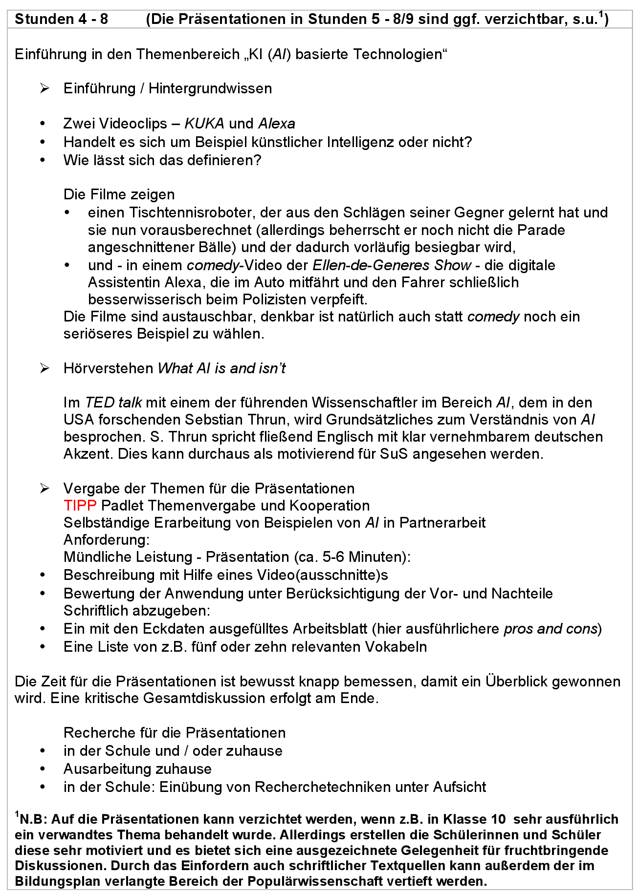 Stunde vier bis acht