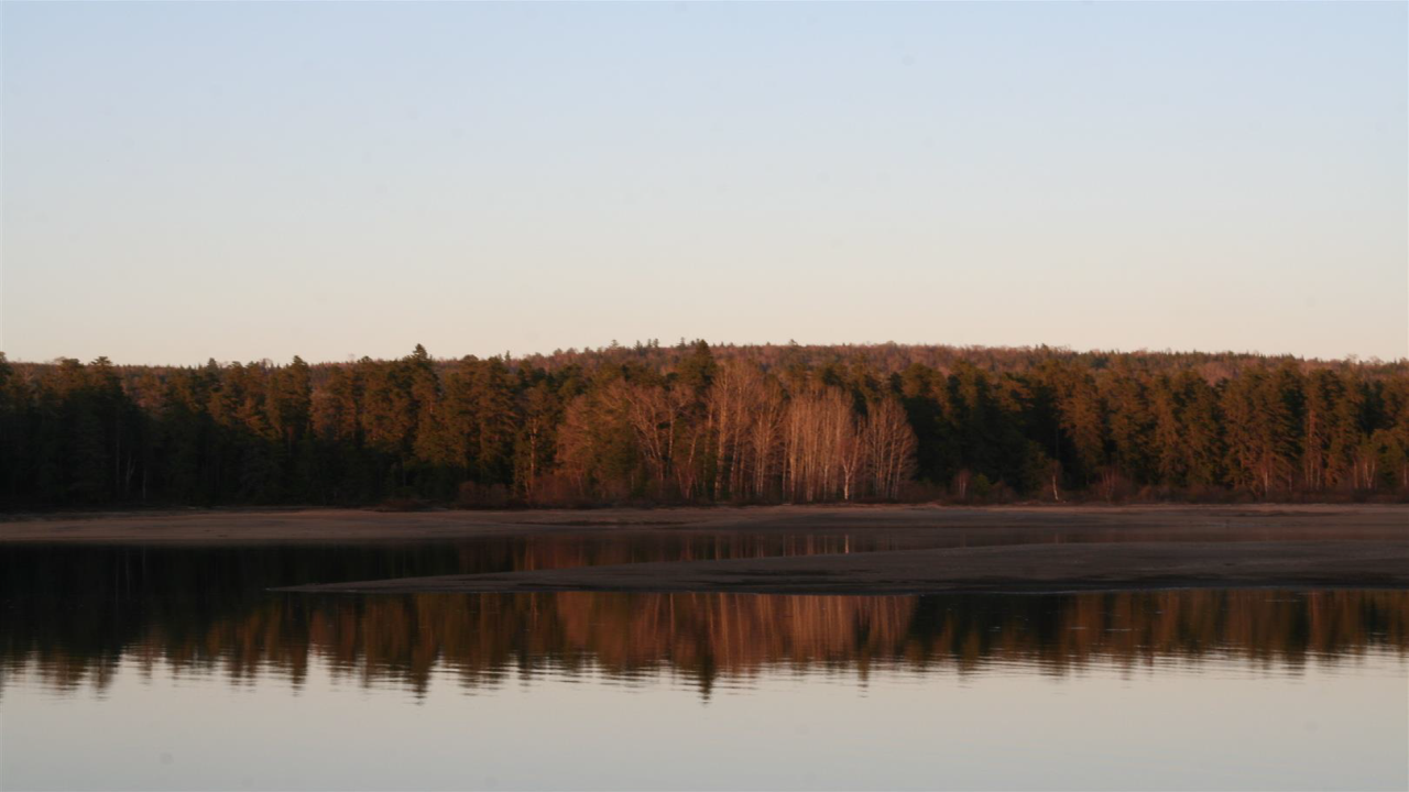 Ein ruhiger See in Quebec, umgeben von Bäumen, spiegelt die sanften Farben des Himmels und der Landschaft wider