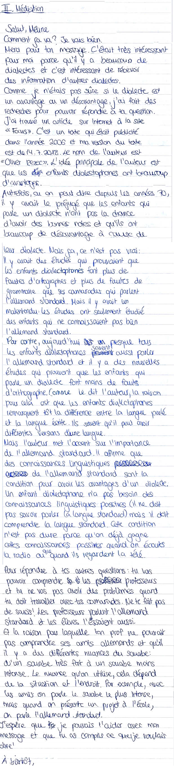 Handschriftlicher Text von Schülerinnen und Schüler