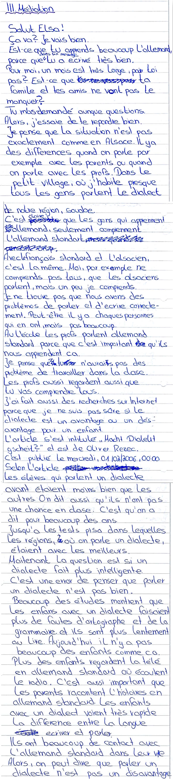 Handschriftlicher Text von Schülerinnen und Schüler