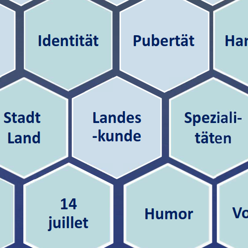 Wabenmuster mit zentralen Begriffen: Landeskunde, Identität, Spezialitäten, ...