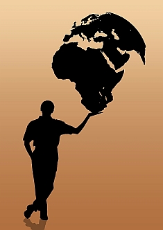 Schattenschnitt von einem Mann der den Globus in der offenen Hand trägt