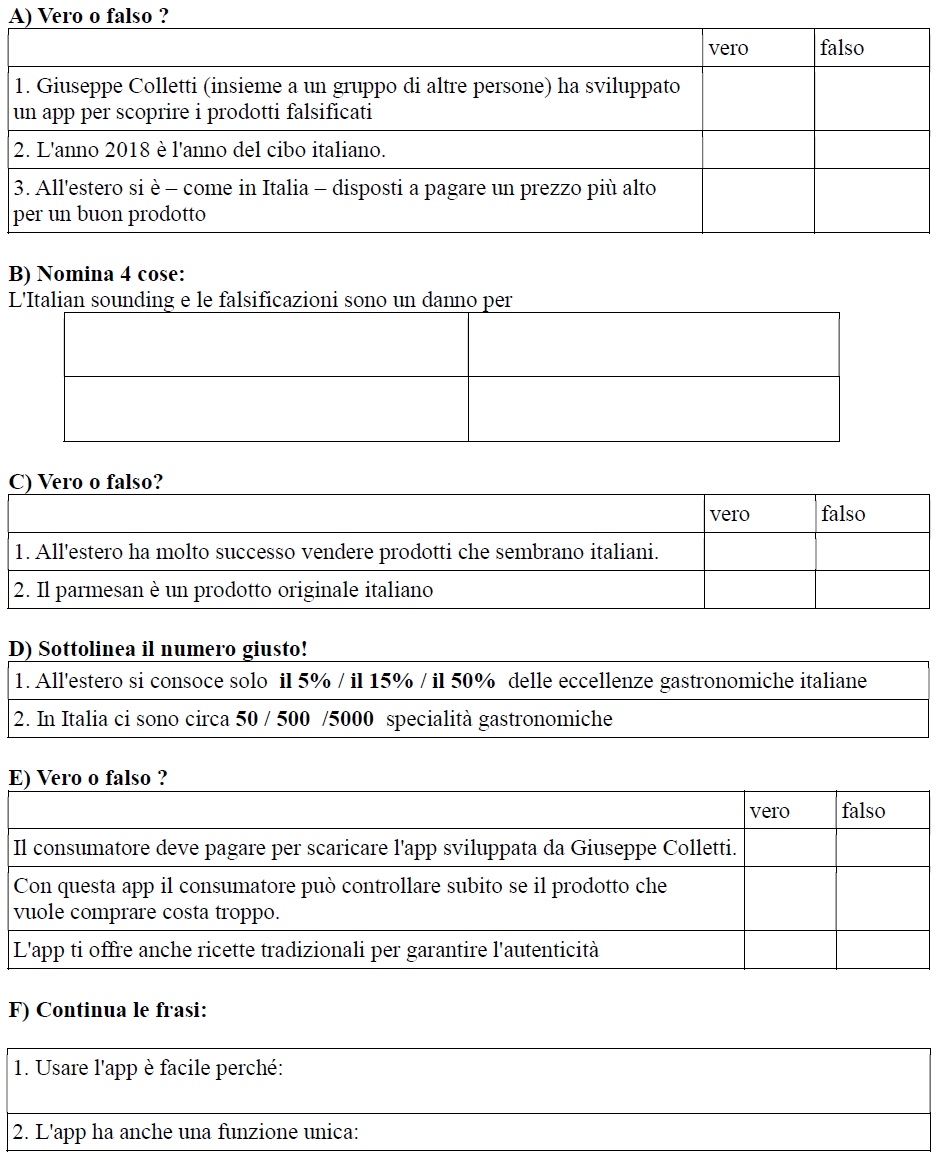 Tabelle mit Fragen zum Text