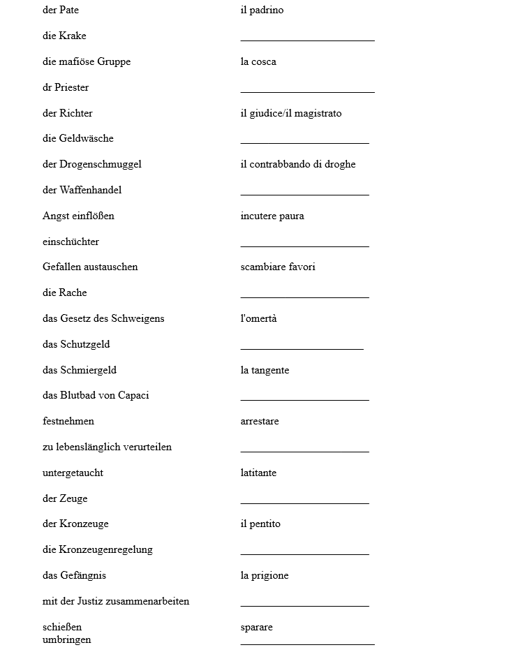 Vokabeltabelle Mafia Partner A